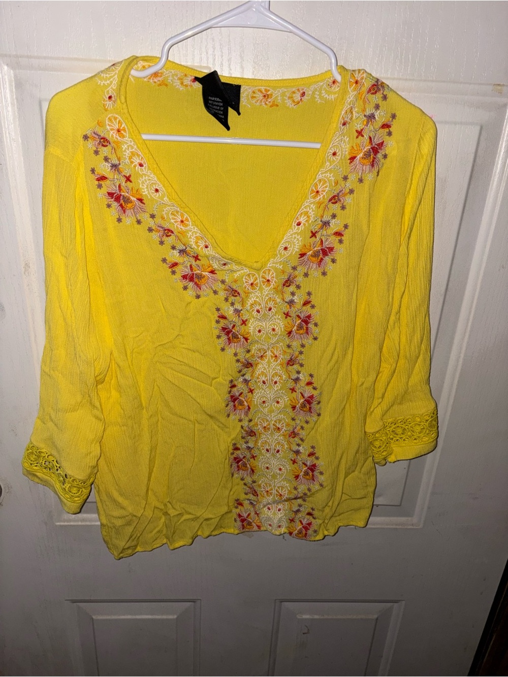 Bright Yellow Embroidered V-Neck Tunic Top